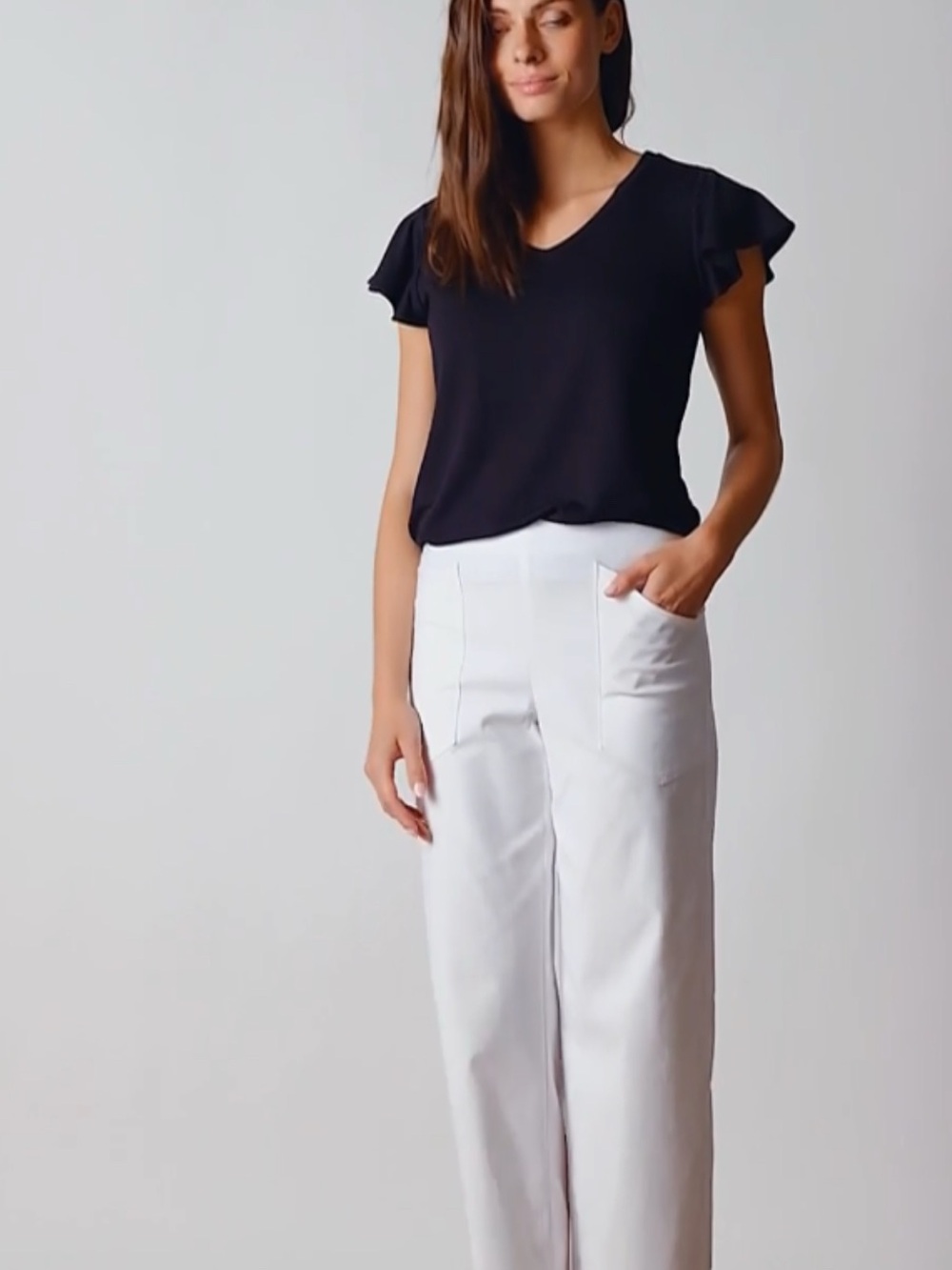 Black V-Neck Short Sleeve Top.Halston.Flutter Sleeve.